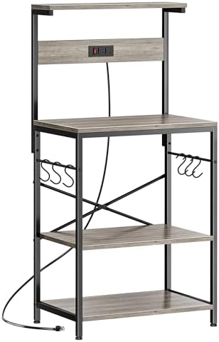 SUPERJARE Kitchen Bakers Rack with Power Outlet, Coffee Bar Table 4 Tiers, Kitchen Microwave Stand with 6 S-shaped Hooks, Kitchen Storage Shelf Rack for Spices, Pots and Pans - Greige