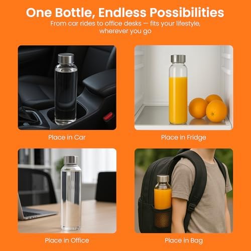Epica Clear Glass Bottles with Lids, 17.5 oz Water Bottles, 6-Pack