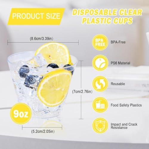 BYSNOW 100 Pack 9 oz Clear Plastic Cups, Disposable Plastic Cocktail Cups
