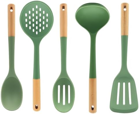 Beille 5pc Beech Wood and Silicone Kitchen Utensils Set Meal Prep Cooking Baking Supplies Home Essentials, Olive Green