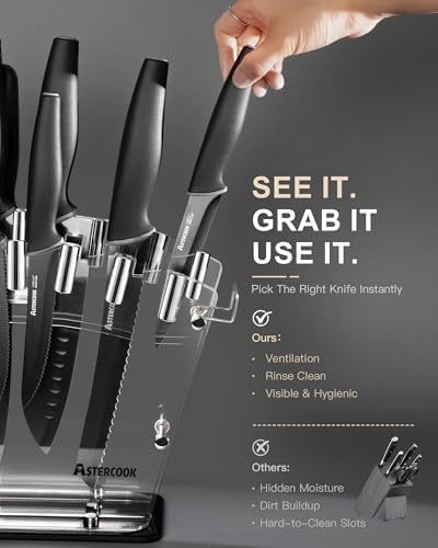 Astercook Knife Set with Block and Sharpener, 22 Piece Kitchen Knife Set Dishwasher Safe, Space-Saving Clear Knife Block with Knives for Everyday Home Cooking Black