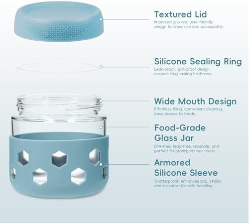 Gemice 6-Pack 10 oz Overnight Oats Containers with Lids and Silicone Sleeves, Glass Mason Jars with Airtight Lid, Dishwasher Safe, Wide Mouth Chia Seed Pudding Meal Prep Jar for Yogurt Berries Snack