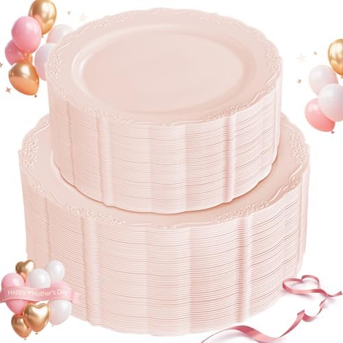 U-QE 100PCS Mauve Pink Plastic Plates - Heavy Duty Pink Disposable Plates