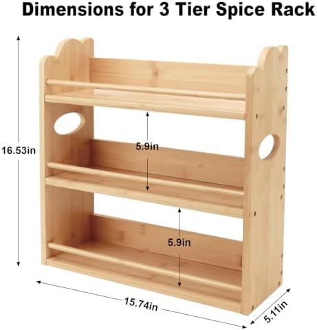 3-Tier Bamboo Spice Rack, Wall Mount & Countertop Spice Organizer