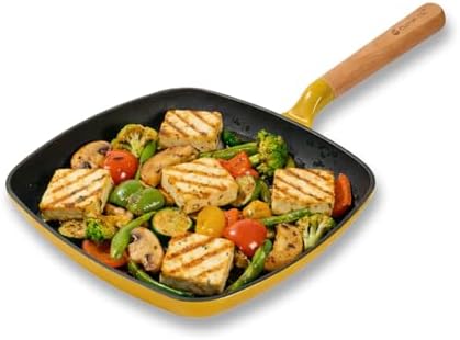 CUMIN CO. Enameled Cast Iron Grill Pan 10 Inch, 1.2 QT Grill Skillet – Non Toxic PFAS Free Cookware – 4 Layer Enamel Coated – Indoor Grill Pan for Steak, Chicken, Burgers & Vegetables (Mustard)