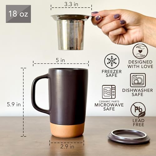 Mora Ceramics Large Tea Mug with Loose Leaf Infuser and Ceramic Lid, 18 oz, Portable, Microwave, Dishwasher Safe, Tall Coffee Cup - Rustic Matte Ceramic Glaze, Modern Herbal Tea Strainer, Nightwaves