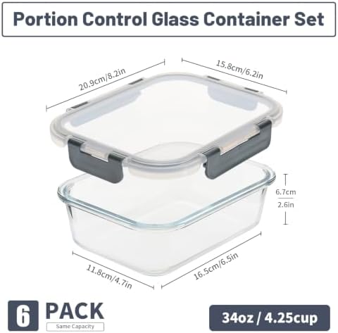 6 Pack, 34oz Glass Meal Prep Containers with Lids, Food Storage Containers