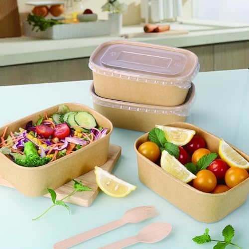 50 Sets 25oz Disposable Kraft Paper Bowls with Lids, Rectangle