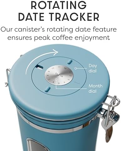 Veken Coffee Canister with Window, Airtight Stainless Steel Container,Date Tracker, Kitchen Food Storage Jars for Beans, Ground, Espresso, Rice,Tea, Sugar, Cereal, Gifts, Scoop, Blue, 22OZ (Pack of 2)