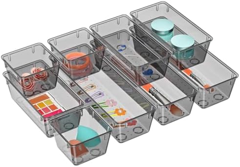 9 Pack Clear Drawer Organizer Set, Drawer Storage Trays, Storage Bins