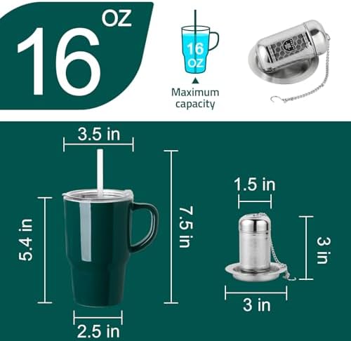 Sweejar Ceramic Tea Cup with Lid, 16 OZ Portable Coffee Mug, Dishwasher Safe Travel Mug with Infuser, Reusable Teacup for Car Cup Holder, Tea Lovers(Jade)