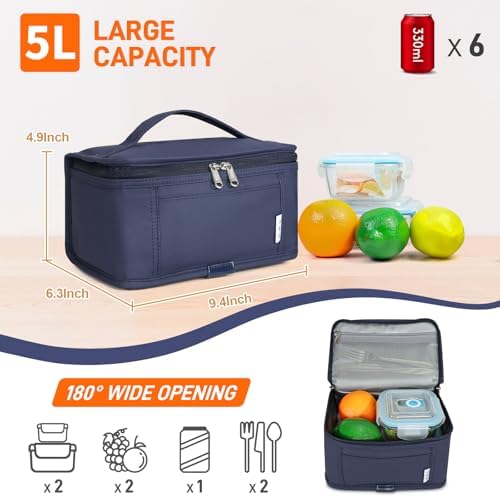 NOL Mini Insulated Lunch Bag for Women Men Kids | Small Leakproof Reusable Lunch Tote | Fits 6 Cans 330ml | Thermal Cooler for Work School Picnic Camping, Navy blue