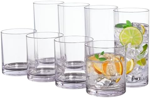US Acrylic Classic Clear Plastic Reusable Drinking Glasses (Set of 8) 12oz Rocks & 16oz Water Cups | BPA-Free Tumblers, Made in USA | Top-Rack Dishwasher Safe