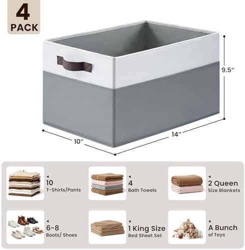 4 Pack Large Closet Storage Baskets Bins for Shelves | Fabric Closet Organizers and Storage with Handles Home Organization | Decorative Collapsible Baskets for Organizing Clothes Toy Nursery 14"x10"