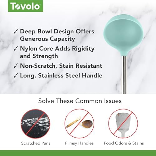 Tovolo Silicone Ladle With Stainless Steel Handle Deep Soup Ladle for Cooking Canning Serving Soup Punch Stew Sauce, Large Kitchen Utensil Spoon Dishwasher Safe BPA Free Silicone Aqua Seafoam Green