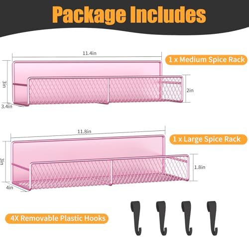 Magnetic Spice Rack for Refrigerator, 2 Pack Metal Magnetic Shelf Pink, Moveable Spice Organizer with Hooks, Super Magnetic Fridge Shelf for Kitchen Organization and Storage