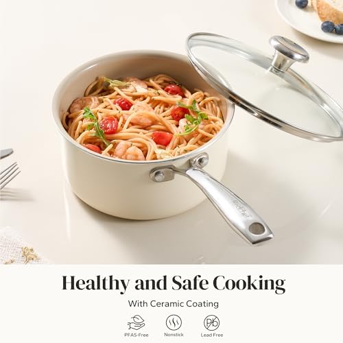Redchef Ceramic Sauce Pan with Lid, 1.8QT Small Saucepan, Nonstick Cooking Pot with Stay-Cool Handle, Kitchen Non Toxic Soup Pot, PTFE & PFOA Free, Oven Dishwasher Safe, Compatible All Stovetops-Beige
