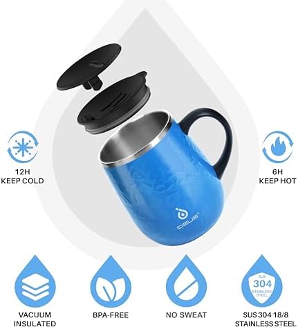 Ideus 16 oz Insulated Coffee Mug with Lid and Handle (Leopard Blue)