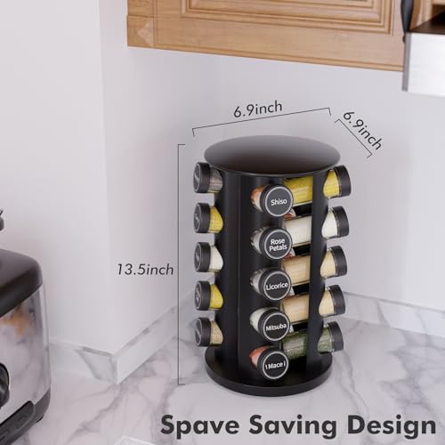 New England Stories Revolving Spice Rack Set with 20 Spice Jars, Kitchen Spice Tower Organizer for Countertop or Cabinet - Carousel Storage Includes 386 Spice Labels (Black)