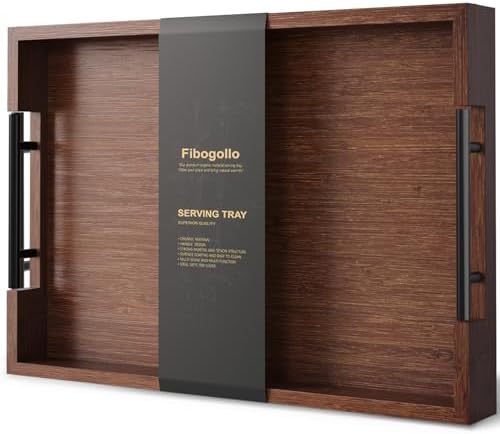 Fibogollo Bamboo Serving Trays with Metal Handles,Large(Brown)