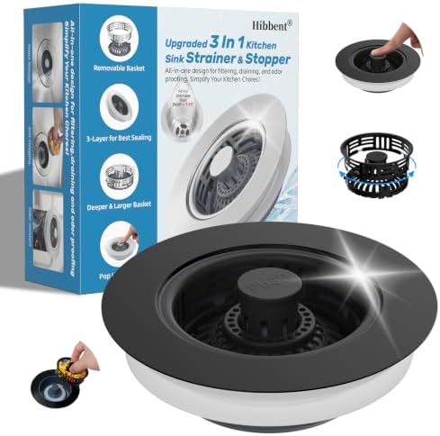 Hibbent 3 in 1 Kitchen Sink Drain Strainer, Metal Pop Up Stopper