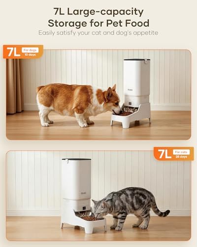 Automatic Cat Feeder with Camera - 7L/29 Cups Auto Dog Feeder with Large Food Tray & 1080P Night Vision, Elevated Bowl, 2-Way Audio, 10s Voice Recording, 5G WiFi Timed Cat Food Dispenser, 1-15 Meals