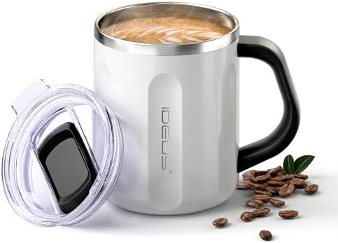 Ideus 16 oz Insulated Coffee Mug with Lid and Handle (Snow Mountain White)