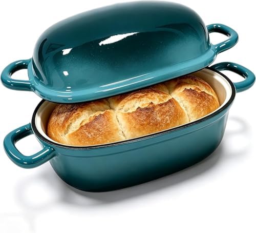 Enamelled Cast Iron Bread Loaf Pot, Non Stick Dutch Oven for Sourdough Bread Baking, Oven Safe (Peacock Blue, 3 Quarts)