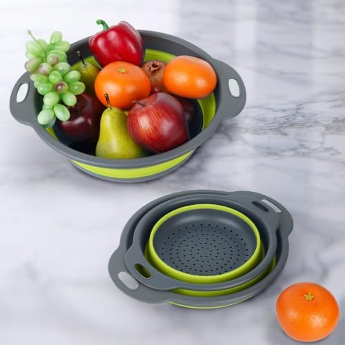 Green Collapsible Colander Set - 3 Pack Kitchen Silicone Strainers