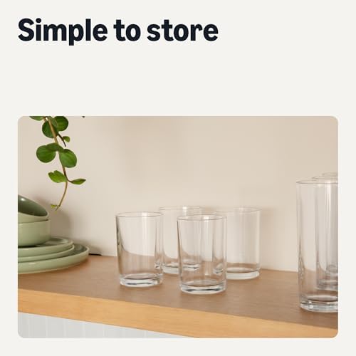 Amazon Basics Drinking Glasses, 11 oz., Sturdy Glass, Rounded for Comfortable Hold, Dishwasher-Safe, Round Shape, 4-Piece Set