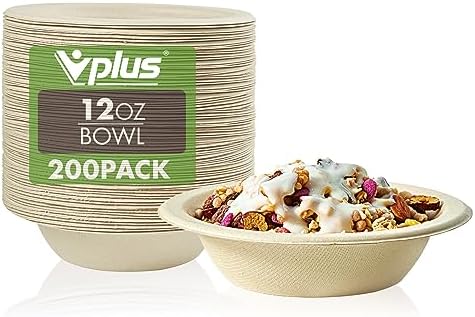Vplus 200 Pack 12 OZ Compostable Paper Bowls, Bagasse Bowls，Nature