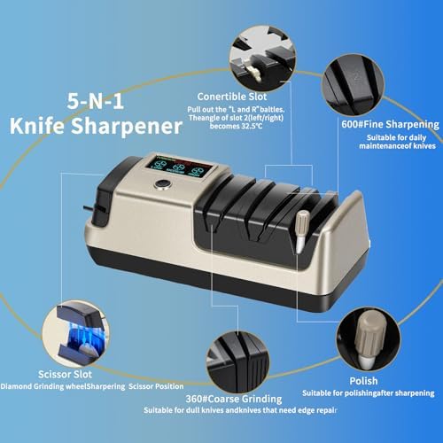 5-in-1 Electric Knife Sharpener for Kitchen Knives, Scissor Sharpener with 3-Speed & 100% Diamond Abrasives -Quickly Sharpening for Straight, Serrated, Cleaver Knives, Kitchen Gifts for Mom