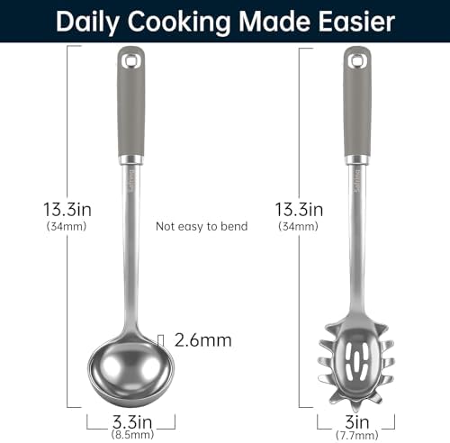 Safring Stainless Steel Soup Ladle and Spaghetti Spoon Set, Heat Resistant Rubber Handle, Dishwasher Safe, Kitchen Utensils for Cooking, Stirring, Serving Pasta, Soup & Sauce (Gray)