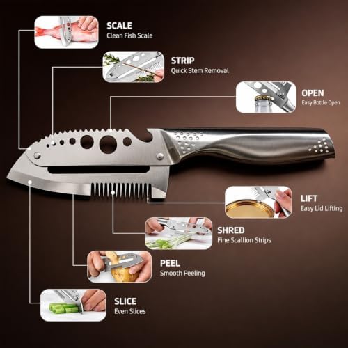 7 in 1 All Stainless Steel Multi Functional Vegetable Peeler for Kitchen, Smooth Potato Peeler with Herb Stripper, Scallion Shredder, Fish Scaler, Bottle Opner