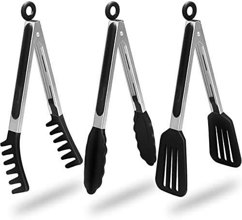 HST Tongs for Cooking with Silicone Tips 3 Pack, Kitchen Tongs (9", Black)