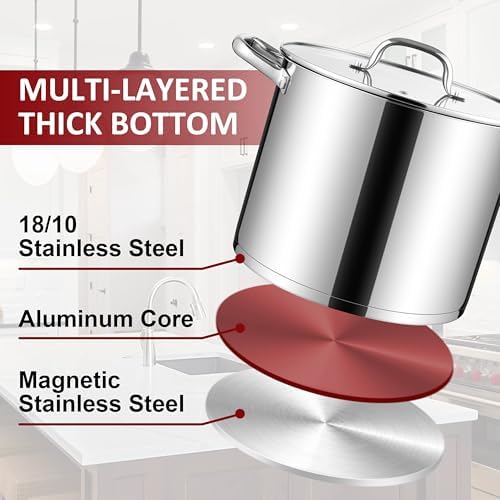 Herogo 12-Quart 18/10 Stainless Steel Stock Pot with Lid, Large Heavy Duty Soup Pot Compatible with Electric, Gas, Induction and Various Cooktops, Dishwasher Safe