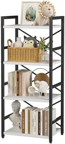 Homeiju 4 Tier Small White Metal Bookcase for CD/Movie/Book, Book Shelf Organization and Storage for Living Room, Kid's Room, and Home Furniture - 1018WH