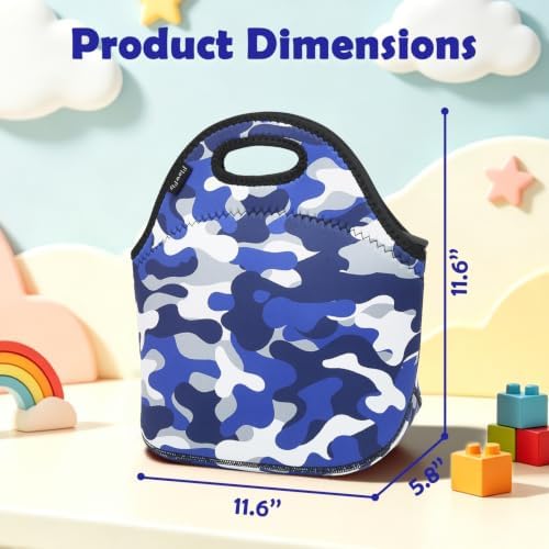 FlowFly Neoprene kids Lunch box Insulated Soft Bag Mini Cooler Thermal Meal Tote Kit for Boys, Girls,Men,Women,School,Work, Office, Blue Camo