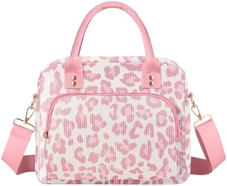 Lunch Bag Large Insulated Lunch Box for Women Adult Cute Pink Leopard Lunchbox Corduroy Lunch Bags Boxes Pail with Shoulder Strap for Work Mom Picnic Office Travel 11.4×6.8×9.1 inches 11.5L