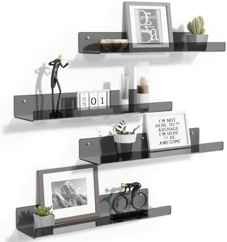 upsimples 4 Pcs 15" Acrylic Shelves for Wall Decor and Display, Clear Black