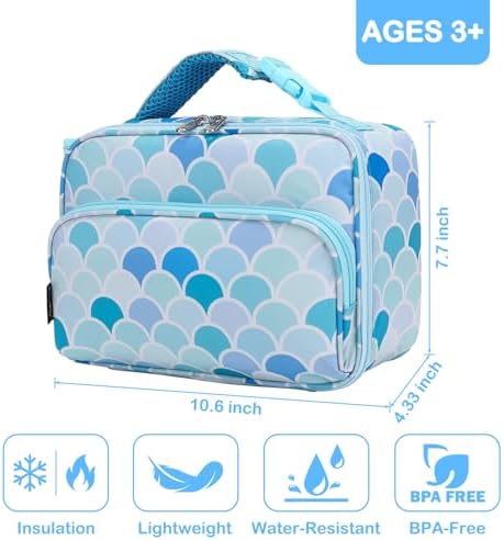 FlowFly Kids Lunch box with buckle Insulated Cooler Back to School Thermal Meal Tote Kit for Girls, Boys (Mermaid)