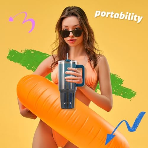 40 oz Shiny Tumbler with Handle and Straw,Stainless Steel Tumbler with Lid and Straw,Insulated Travel Mug(Cold for 34 Hours),Water Bottle for Iced Tea,Coffee (Black Blue)
