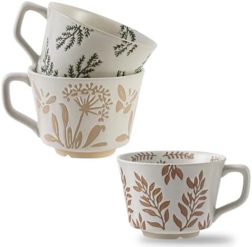12 Ounce Ceramic Mug Set of 3 Embossed Leaf Ceramic Coffee Mugs, Vintage Speckled Stoneware Tea Cups, Rustic Leaf Drinking Mugs, Microwave & Dishwasher Safe, Farmhouse Kitchen Decor, Gift Set