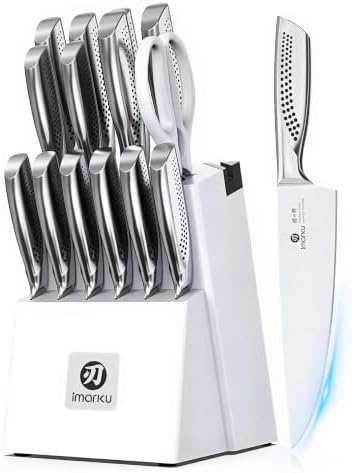 imarku 15pc Japanese HC Steel Knife Set, Built-in Sharpener, White