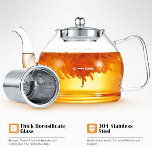 STNTUS Glass Teapot With Infuser, 27 oz / 800 ml for Loose Tea, Stainless Steel Strainer Teapots, Stovetop Safe