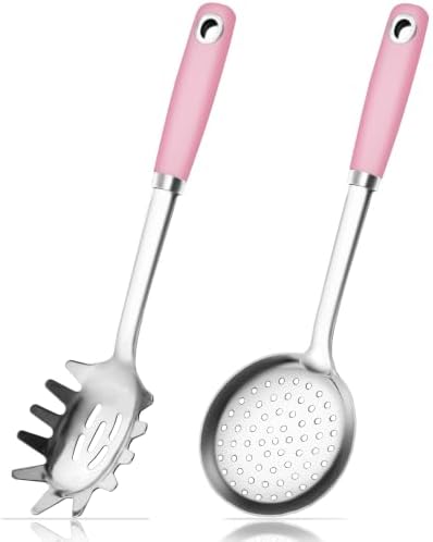 18/0 Stainless Steel Spaghetti Spoon & Slotted Spoon for Cooking, Heavy Duty Frying Pink Spoon Pasta Strainer Skimmer, Cooking Utensils Commercial and Residential Use, Pack of 2