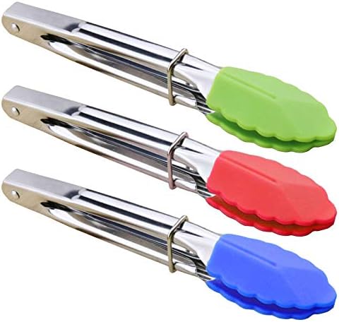 HINMAY 7-Inch Mini Tongs with Silicone Tips, Set of 3 (Green Red Blue)