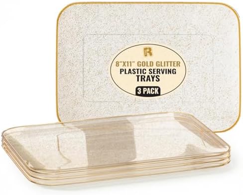 3 Pack Gold Glitter Plastic Serving Trays for Party - Gold Glittered Serving Tray 8 x 11 Inch - Heavy Duty Dessert Trays for Food - Rectangular Party Serving Trays for Entertaining