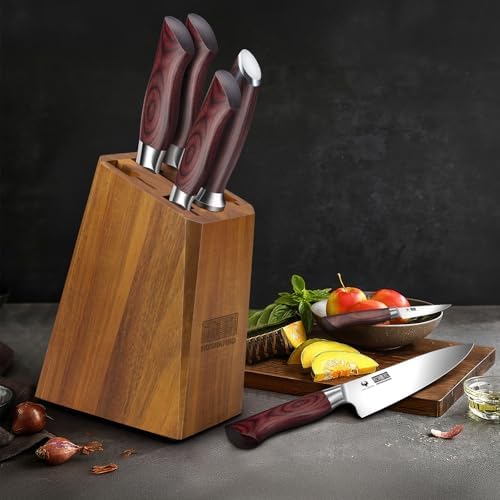 HOSHANHO 7PCS Kitchen Knife Set with Block, Sharp Chef Knives & Sharpener