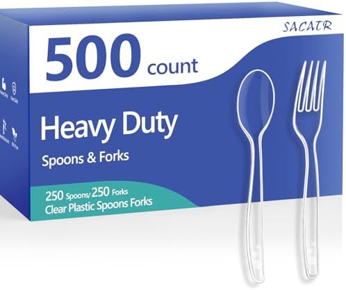 SACATR 500 Count Clear Plastic Silverware Heavy Duty -250 Forks, 250 Spoons